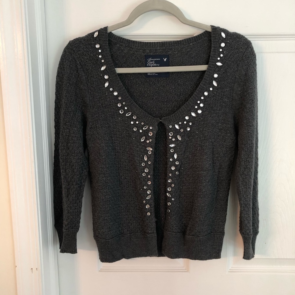 American Eagle Embellished Gray Cardigan